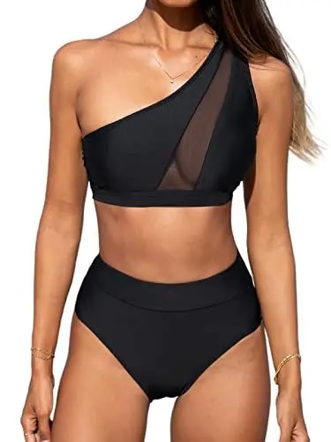 Produktbild: CUPSHE Damen Bikini Set One Shoulder Sheer Mesh High Waist Asymmetrische Bademode Zweiteiliger Badeanzug Swimsuit Schwarz M