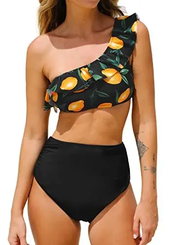 Produktbild: CUPSHE Damen Bikini Set Rüschen One Shoulder High Waist Bauchweg Obstmuster Bademode Zweiteiliger Badeanzug Swimsuit Schwarz/Zitrone M
