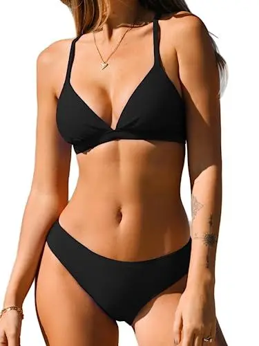 Produktbild: CUPSHE Damen Bikini Set Triangel V Ausschnitt Low Waist Lace Up Bademode Zweiteiliger Badeanzug Swimsuit Schwarz XL