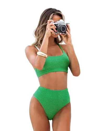 Produktbild: CUPSHE Damen Bikini Set U Ausschnitt High Waist Tank Sport Bikini Texturierte Bademode Zweiteiliger Badeanzug Swimsuit Grün M