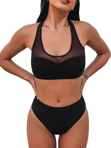 Produktbild: CUPSHE Damen Bikini Set U Ausschnitt Netzstoff Bikini High Waist Racerback Bademode Zweiteiliger Badeanzug Swimsuit Schwarz XL