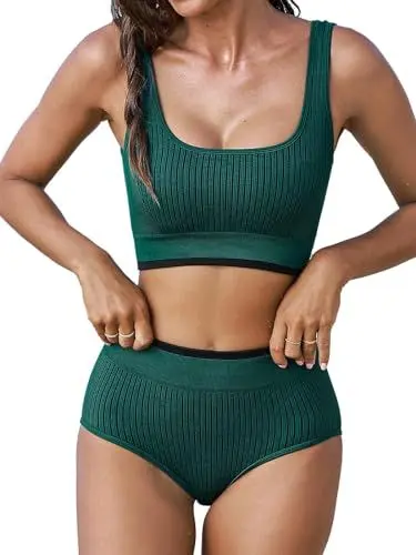 Produktbild: CUPSHE Damen Bikini Set U Ausschnitt Seamless Sport Tank High Waist Bikini Kontrastpaspel Texturierte Bademode Zweiteiliger Badeanzug Swimsuit Dunkelgrün XL