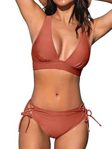 Produktbild: CUPSHE Damen Bikini Set V Ausschnitt Lace Up Bikini Bademode Crossback Low Waist Zweiteiliger Badeanzug Swimsuit Deep Coral Red XL
