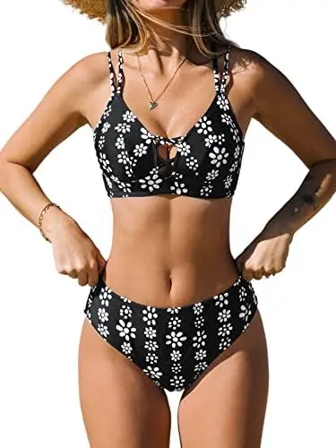 Produktbild: CUPSHE Damen Bikini Set V Ausschnitt Lace Up Low Waist Bikini Bademode Blumenmuster Zweiteiliger Badeanzug Swimsuit Schwarz/Weiße Blumen L