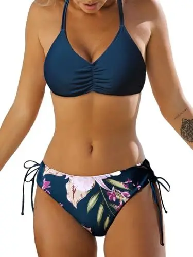 Produktbild: CUPSHE Damen Bikini Set V Ausschnitt Raffung Lace Up Bikini Bademode Reversible Bikinihose Blumenmuster Zweiteiliger Badeanzug Swimsuit Marineblau/Blume L
