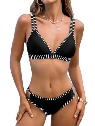 Produktbild: CUPSHE Damen Bikini Set V Ausschnitt Triangel Bikini mit Doppelträgern Kontrastpaspel Mid Waist Cut Out Bademode Zweiteiliger Badeanzug Swimsuit Schwarz M
