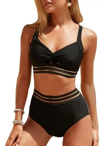 Produktbild: CUPSHE Damen Bikini Set V Ausschnitt Twist Front Crossback High Waist Bikini Bademode Streifen Netzeinsatz Cheeky Zweiteiliger Badeanzug Swimsuit Schwarz S