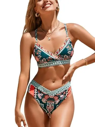 Produktbild: CUPSHE Damen Bikini Set V Ausschnitt Wickeloptik High Waist Bikini Bademode Boho Blumenmuster Zweiteiliger Badeanzug Swimsuit Dunkelgrün/Blumenmuster S