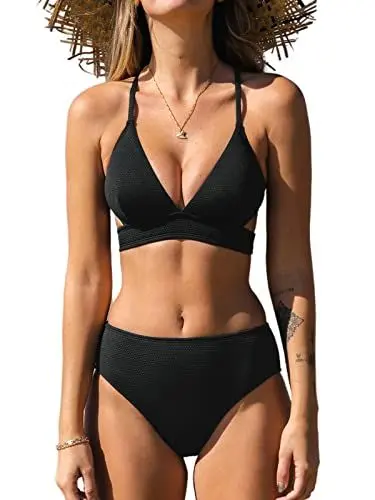 Produktbild: CUPSHE Damen Bikini Set V Ausschnitt Zierausschnitt Lace Up Mid Waist Bikini Bademode Zweiteiliger Badeanzug Swimsuit Schwarz M