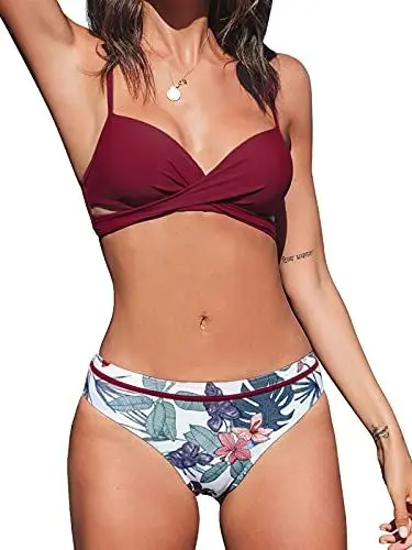 Produktbild: CUPSHE Damen Bikini Set Wickeloptik Push Up Bikini Bademode Blumenmuster Zweiteiliger Badeanzug Swimsuit Weinrot M