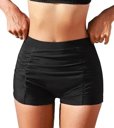 Produktbild: CUPSHE Damen Bikini Shorts High Waist Bauchweg Raffung Badehose Badeshorts Bikini Unterteil Schwarz M