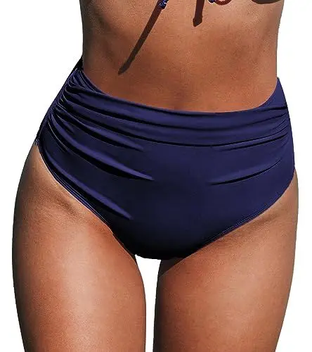 Produktbild: CUPSHE Damen Bikinihose High Waist Bauchweg Raffung Badehose Hipster Unifarben Cheeky Bikini Slip Marineblau L