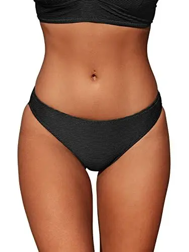 Produktbild: CUPSHE Damen Bikinihose Low Waist Brazilian Style Gerippte Badehose Hipster Unifarben Cheeky Bikini Slip Schwarz M
