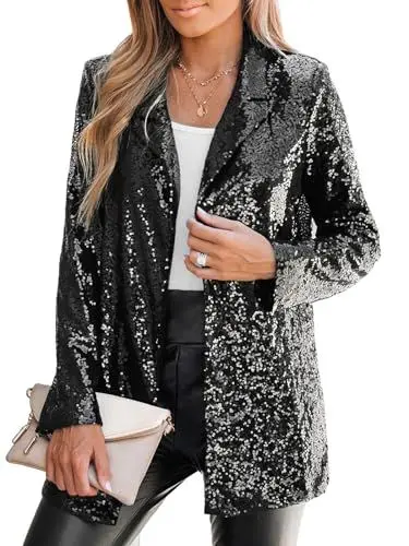 Produktbild: CUPSHE Damen Blazer Pailletten Glitzer Jacke Revers Langarm Vorne Offen Party Festlich Cardigan Outwear Schwarz XL