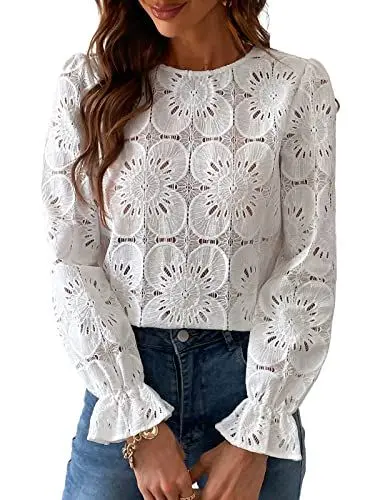 Produktbild: CUPSHE Damen Bluse Blumen Cutout Rundhalsausschnitt Langarm Rüschen Oberteile Casual Shirt Elegant Hemd Tops Weiß XL