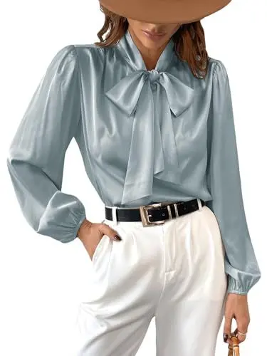 Produktbild: CUPSHE Damen Bluse Stehkragen mit Schleife Langarm Elegant Satin Schluppenshirt Oberteile Büroblusen Hemdbluse Tops Mintgrün L