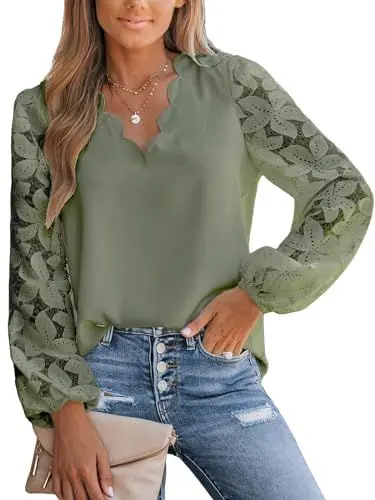 Produktbild: CUPSHE Damen Blusen V Ausschnitt Wellenkante Floral Spitzenärmel Langarmshirt Lässige Spitzen Oberteile Tunika Bluse Tops Grün M