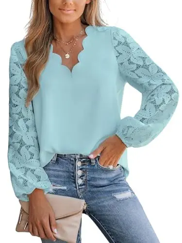 Produktbild: CUPSHE Damen Blusen V Ausschnitt Wellenkante Floral Spitzenärmel Langarmshirt Lässige Spitzen Oberteile Tunika Bluse Tops Minzgrün L