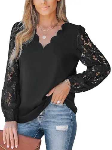 Produktbild: CUPSHE Damen Blusen V Ausschnitt Wellenkante Floral Spitzenärmel Langarmshirt Lässige Spitzen Oberteile Tunika Bluse Tops Schwarz L