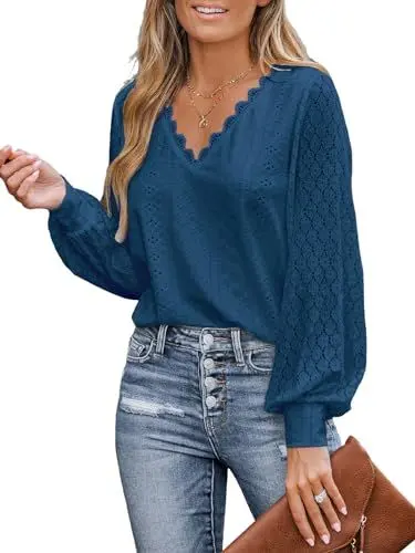 Produktbild: CUPSHE Damen Blusen V Ausschnitt Wellenkante Puffärmel Langarmshirt Lässige Spitzen Oberteile Tunika Bluse Tops, Blau, XXL