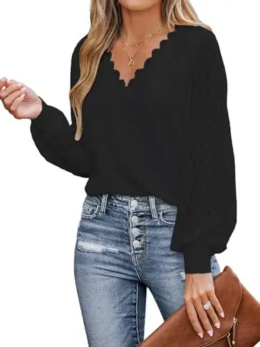 Produktbild: CUPSHE Damen Blusen V Ausschnitt Wellenkante Puffärmel Langarmshirt Lässige Spitzen Oberteile Tunika Bluse Tops, Schwarz, XXL