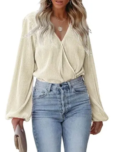 Produktbild: CUPSHE Damen Blusen V Ausschnitt Wickeloptik Plissee Oberteile Langarmshirt Falten Tunika Wickelbluse Tops Weiß M