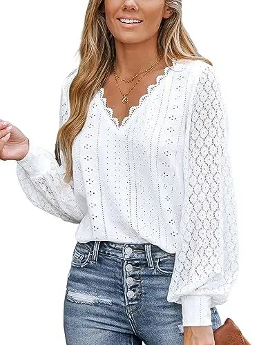 Produktbild: CUPSHE Damen Blusen mit V Ausschnitt, überbackener Spitze, Lange Spitzenärmel, gebänderte Manschetten, schickes, Elegantes Hemd, Weiß XL