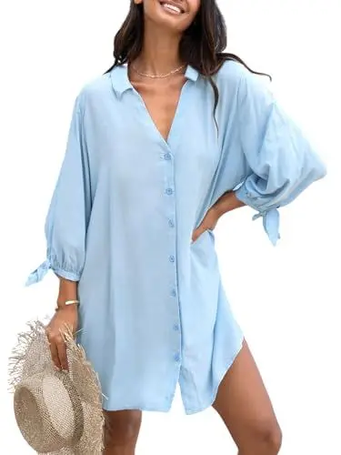 Produktbild: CUPSHE Damen Blusenkleid V Ausschnitt Knopfleiste 3/4 Arm Lockeres Sommerkleid Freizeitkleider Bikini Cover Up Hemdblusen Shirt Mini Dress Hellblau L