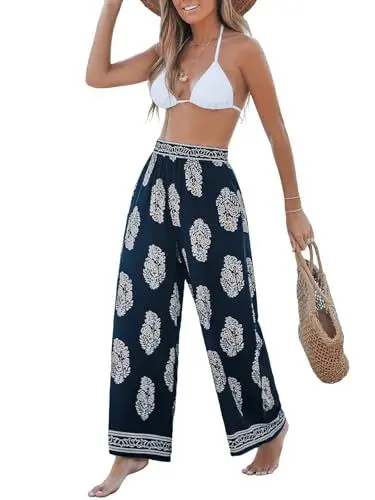 Produktbild: CUPSHE Damen Boho Wide Leg Palazzo Hose Fließende High Waist Damenhose für Relaxed Fit, marineblau, L