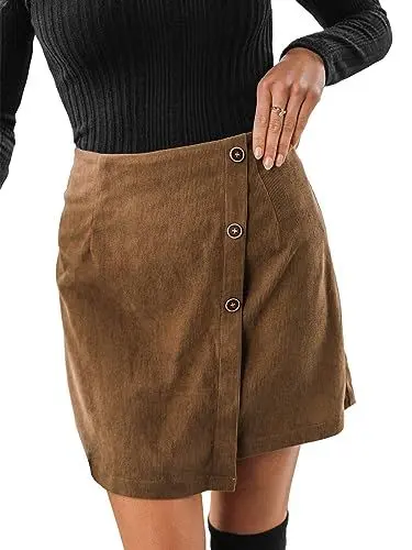 Produktbild: CUPSHE Damen Cordrock Knöpfen Asymmetrischer Saum High Waist Kurzrock Freizeitrock Party Mini Short Skirt Braun S