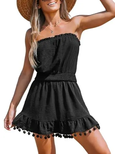 Produktbild: CUPSHE Damen Cover Up Strandkleid Luftig Bandeau Trägerlos Bommel Sommerkleid Beach Mini Dress Schwarz S