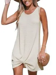 Produktbild: CUPSHE Damen Cover Up Strandkleid Luftig Rundhals Ärmellos Twisted Waffelstrick Kurz Strandponcho Sommer Beach Mini Dress Beige S