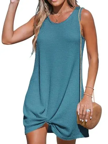 Produktbild: CUPSHE Damen Cover Up Strandkleid Luftig Rundhals Ärmellos Twisted Waffelstrick Kurz Strandponcho Sommer Beach Mini Dress Blau S