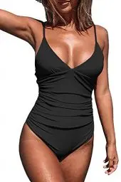 Produktbild: CUPSHE Damen Einteiler Badeanzug Triangel V Ausschnitt Monokini Bauchweg Raffungen Unifarben Bademode Swimsuit Schwarz L