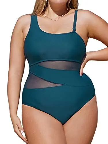 Produktbild: CUPSHE Damen Große Größen Badeanzug One Shoulder Sheer Mesh Zierausschnitte Bauchkontrolle Asymmetrische Einteilige Curvy Bademode Plus Size Swimsuit Cyanblau 0X=L
