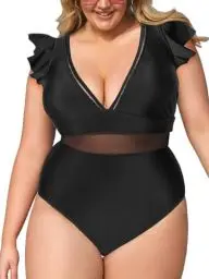 Produktbild: CUPSHE Damen Große Größen Badeanzug V Ausschnitt Volantsärmel Mesh Sheer Einteilige Plus Size Bademode Swimsuit Schwarz L