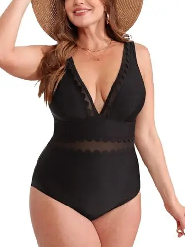 Produktbild: CUPSHE Damen Große Größen Badeanzug V Ausschnitt Wellenkante Sheer Netzstoff Figurformend Einteilige Curvy Bademode Plus Size Swimsuit Schwarz 1X=XL