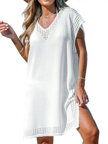 Produktbild: CUPSHE Damen Häkel-Coverups, Fledermausärmel, Ausschnitt, V-Ausschnitt, Badeanzug, Strick, Strandmode, Sommerkleid 2024, Weiss/opulenter Garten, X-Groß