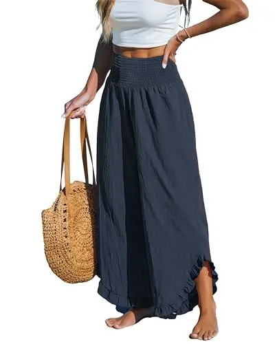 Produktbild: CUPSHE Damen Hosen Gesmokt Baumwolle Lounge Hohe Taille Weites Bein Asymmetrischer Rüschen Sommerhose Elegant Lose Freizeithose Dunkelblau XL