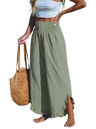 Produktbild: CUPSHE Damen Hosen Gesmokt Baumwolle Lounge Hohe Taille Weites Bein Asymmetrischer Rüschen Sommerhose Elegant Lose Freizeithose Helles Oliv XL