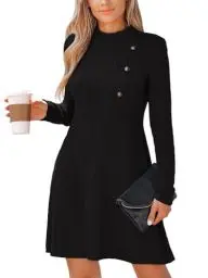 Produktbild: CUPSHE Damen Kleid Mock Neck Knöpfen Langarm Herbst Winter Zopfstruktur Kurze Minikleid Freizeitkleider Casual Mini Dress Schwarz M