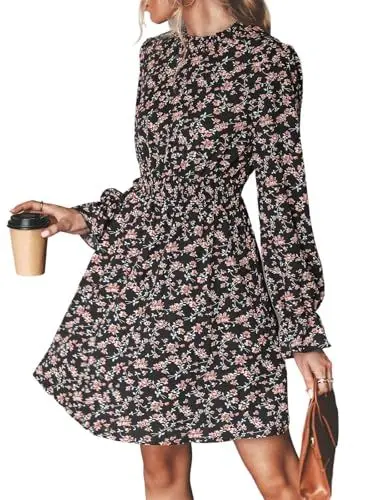 Produktbild: CUPSHE Damen Kleid Mock Neck Langarm Blumenprint Kurzes Herbstkleid Freizeitkleider Elegant Party Smocked Mini Dress Schwarz M