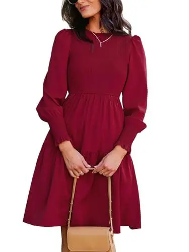 Produktbild: CUPSHE Damen Kleid Rundhals Langarm Rüschensaum A Linien Gesmoktes Minikleid Freizeitkleider Party Smocked Mini Dress Burgunder S