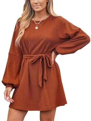 Produktbild: CUPSHE Damen Kleid Rundhals Langarm Taillengürtel Rippstruktur Kurze Minikleid Freizeitkleider Tunika Shirt Dress Orange M
