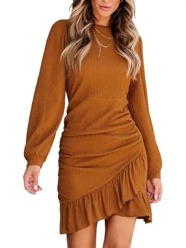 Produktbild: CUPSHE Damen Kleid Rundhals Langarm Zierfalten Asymmetrischer Rüschensaum Wickel Kurze Freizeitkleider Elegant Party Mini Dress Orange M