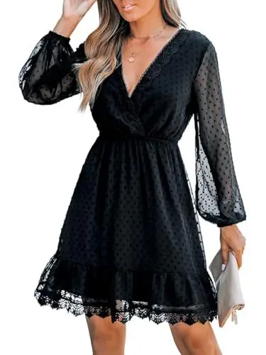 Produktbild: CUPSHE Damen Kleid Spitze Tiefer V-Ausschnitt Sheer Langarm Freizeitkleider Rüschen A-Linie Elegant Herbst Mini Dress Schwarz M