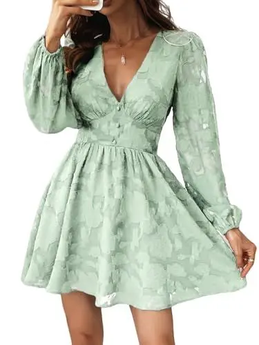 Produktbild: CUPSHE Damen Kleid Spitzenkleid V Ausschnitt Knöpfen Langarm Floral Spitze Freizeitkleider Elegant Party Mini Dress Lichtgrün XL