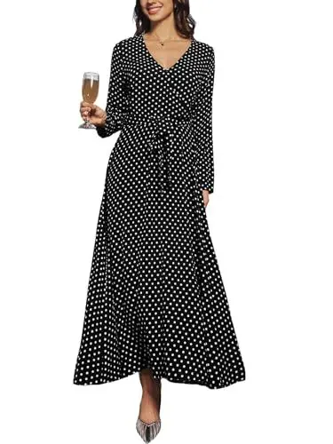 Produktbild: CUPSHE Damen Kleid V-Ausschnitt Langarm Herbst Wickelkleid Polka Dots Freizeitkleider mit Gürtel Lang Party Maxi Dress Schwarz L