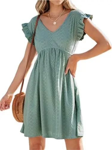 Produktbild: CUPSHE Damen Kleid V Ausschnitt Cutout Flügelärmel Rüschen Freizeitkleider High Waist Sommer A Linien Mini Dress Salbeigrün M