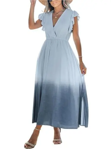 Produktbild: CUPSHE Damen Kleid V Ausschnitt Wickeloptik Ärmellos Farbverlauf Rüschen Maxikleid Freizeitkleider Maxi Dress Grau L